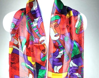 Vintage Pablo Picasso Art womens scarf Red / Purple Polyester 58&quot; x 13&quot; flawless