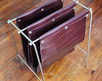 Mid-Century Metal Wire & Leather Dual Pouch Magazine Newspaper Rack Holder