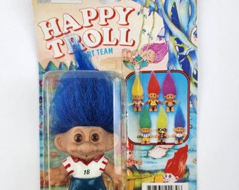 vintage heureux troll joueur de football cheveux bleus neuf sur carte scellée yeux marron