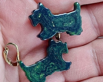 Pendientes VIntage Green Swirl Lucite Scottie Dog Clip-On -una espalda necesita pegarse