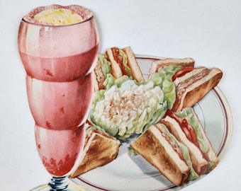 Vintage 1950's Original Paper Sign Club Sandwich & Milkshake Diner Menu Art