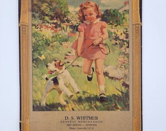 Vintage 1948 General Store Dry Goods Volle Seiten Kalender Girl Walking Dog Art