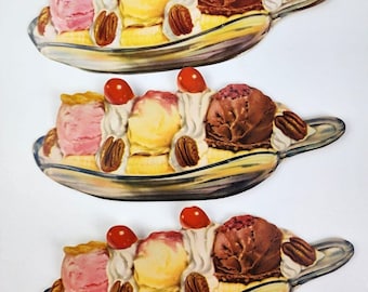 3x Banana Split Helado Papel Troquelado 10" Diner Sign Soda Fuente Arte de pared