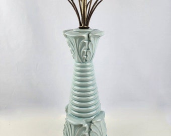 Mid-century light blue glazed table lamp wire flower top No Cord, No chips 21.5"