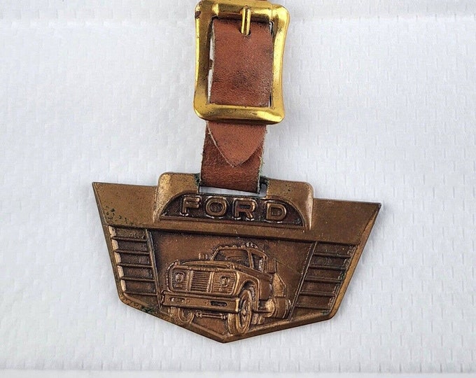 Vintage Ford Truck Watch Fob Brass W/ Leather Band Metal Arts Co