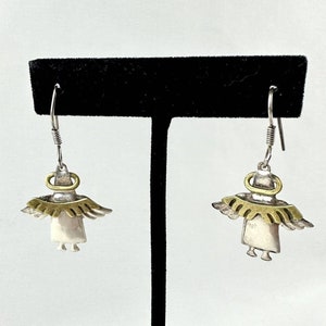 Two Toned Dangle Earrings 925 Sterling Angel w/Brass Halos Wings 18.3g Mexico 1&quot;