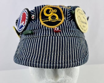 Vintage Railroad Railway Train Engineer Hat Cap Striped w Patches and Pin C&O