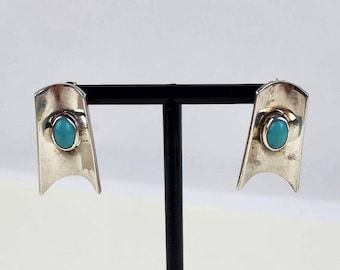 Vintage Taxco signed AAR sterling silver 925 turquoise earrings Concave shields