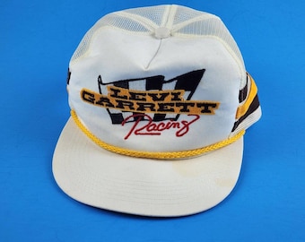 Vintage Levi Garrett Racing 3-Stripe trucker hat white -Broken Snap, Stains