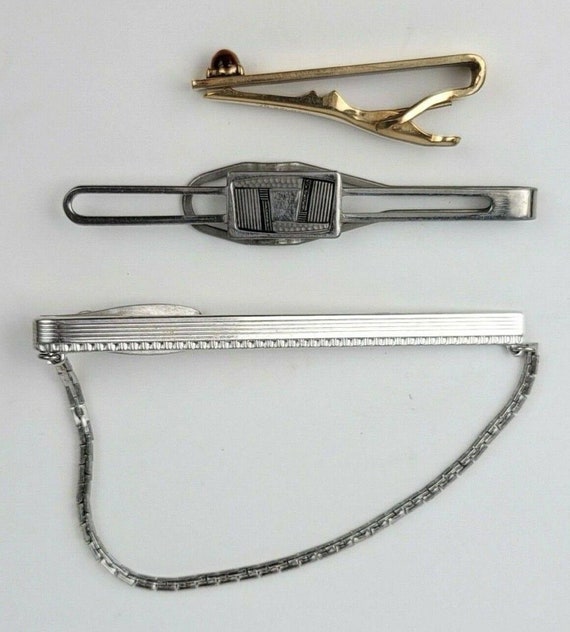 Vintage Set of 3 Tie Clip Clasp Bar w/Chain - Swan