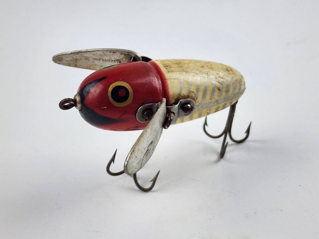 Vintage Heddon Crazy Crawler White Red Fishing Lure Wooden