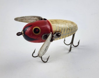 Vintage Heddon Crazy Crawler White Red Fishing Lure Wooden Bug Good  Condition 