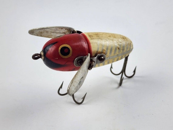 Vintage Heddon Crazy Crawler White Red Fishing Lure Wooden Bug