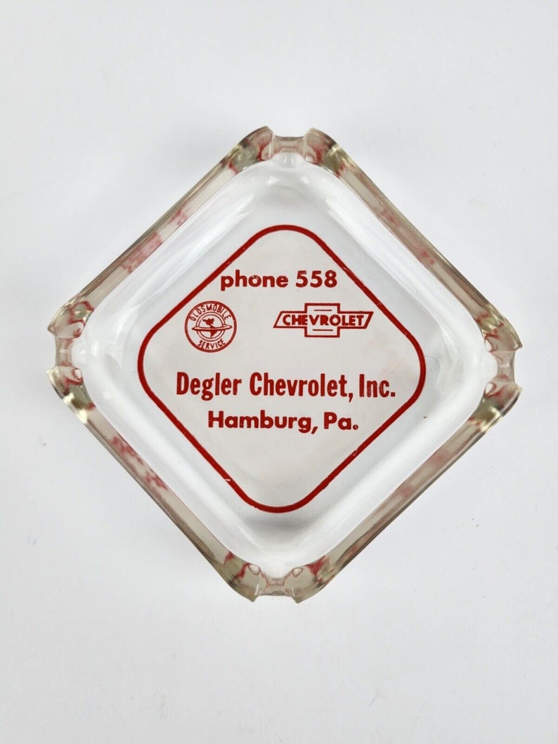 Early Chevrolet Oldsmobile Dealership Glass Ashtray Degler Hamburg, PA