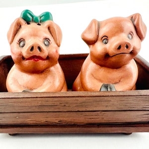 Może przedstawiać: Zestaw ceramicznych solniczek i pieprzniczek w kształcie świń w drewnianym pojemniku. Świnia po lewej stronie ma zieloną kokardkę, a świnia po prawej stronie ma brązowy ryjek.