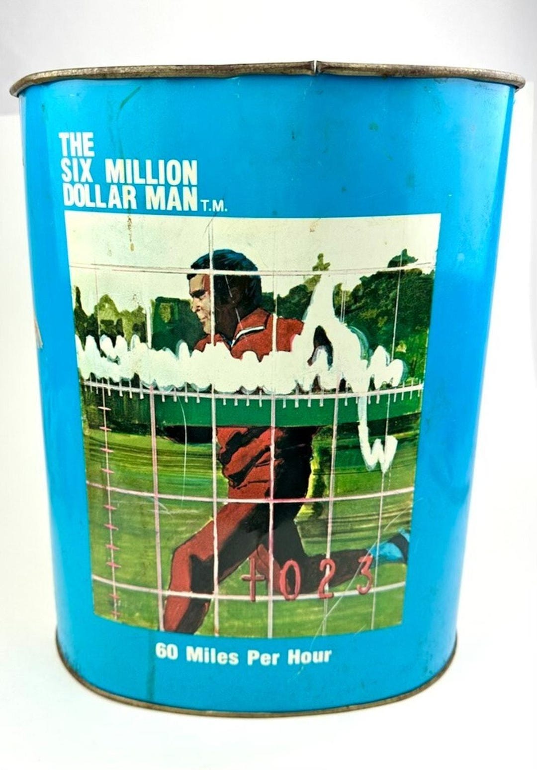 Vintage 1976 Six Million Dollar Man Metal Trash Can Bin
