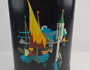 Papelera vintage de metal negro - Barco de los canales de Italia, pintura por números, años 60