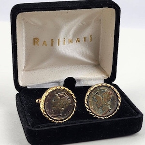 Vintage Raffinati Mercury Dime Cufflinks w/ original box gold tone & toning coin