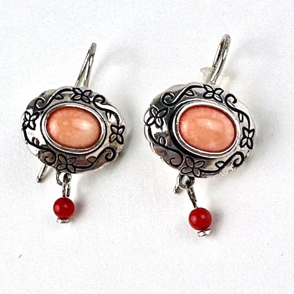 Orange + Red Coral Drop/Dangle Earrings Sterling Silver & Engraved