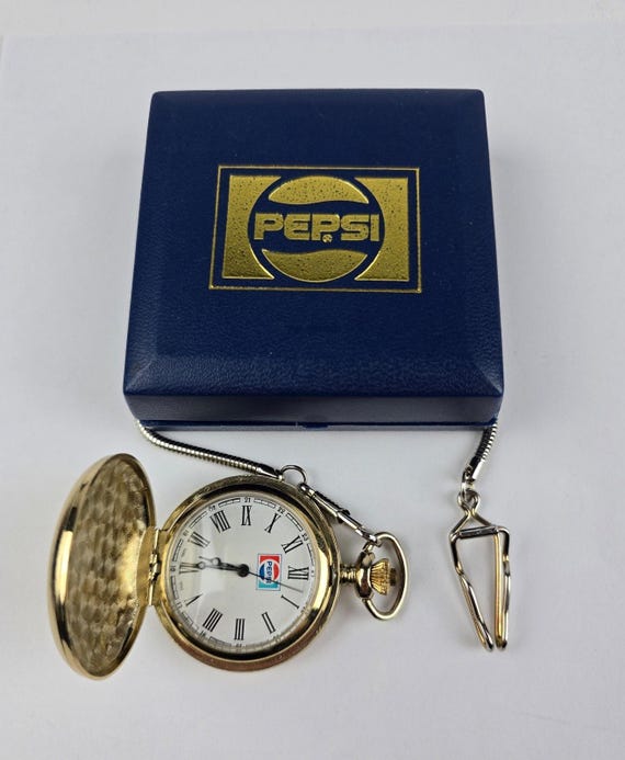 Vintage Pepsi Cola Pocket Watch Mechanical Wind-Up Runs fast w/ box