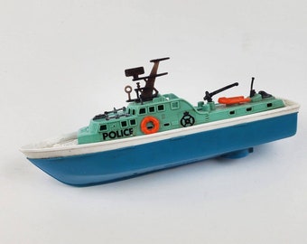 Roxy Toys Vintage Police Boat Battery Operated Not Working Plastic Blue 10" long