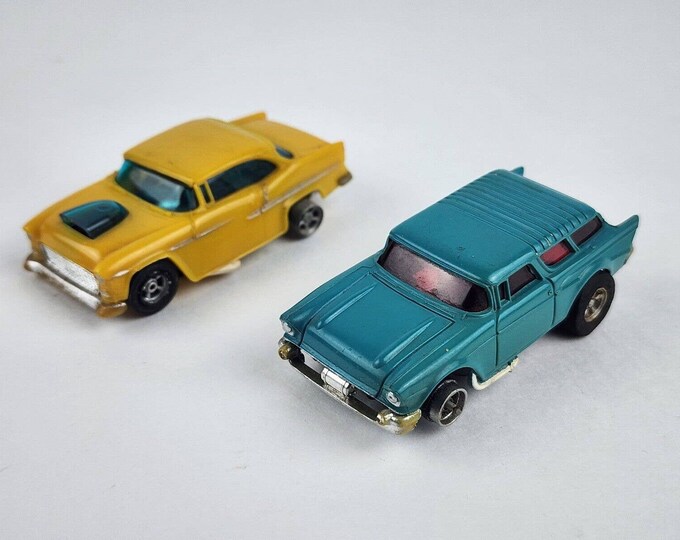Lot of 2 AFX Aurora Slot Cars '55 Chevy Bel Air Yellow & Chevy Nomad