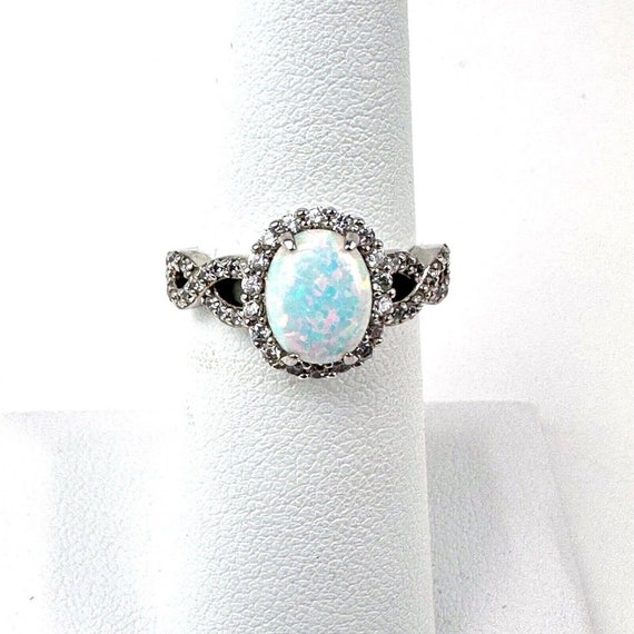 925 Sterling Silver Opal & Cubic Zirconia Ring - … - image 1