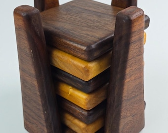 Juego de posavasos de madera vintage de mediados de siglo hechos a mano con torres apilables