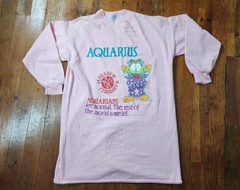 Vintage 90s Garfield Aquarius Fleece Long sleeve Pajama Shirt M/L Pink Warm
