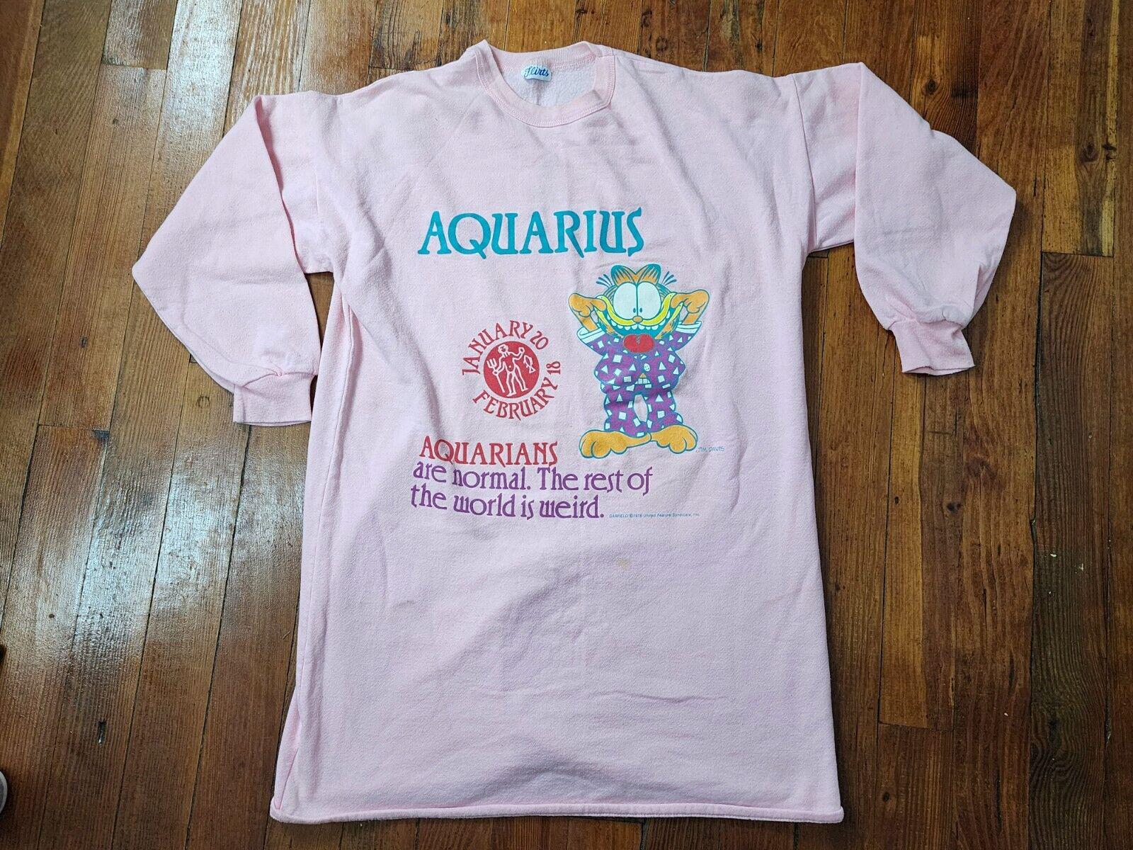 Vintage 90s Garfield Aquarius Fleece Long sleeve Pajama Shirt M/L Pink Warm