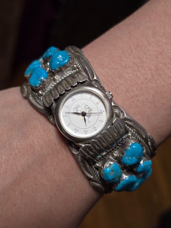 Husky Men's Vintage Native American Navajo Turquoise Sterling Silver Wide Bracelet Old Husky Men's Vintage Native American Navajo Turquoise Sterling Silver Wide Bracelet Old