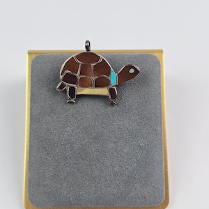 Signed Sterling Silver Brown & Turquoise Enamel Turtle Brooch / Pendant Lee