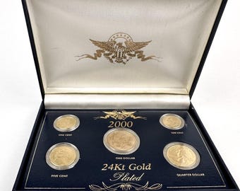 Conjunto de 5 monedas de colección de Estados Unidos chapadas en oro de 24 kt en caja sin circular del año 2000
