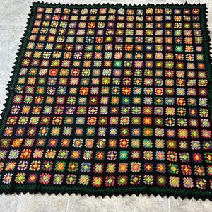 Vintage Hand Made Crocheted Blanket Granny Square Black Green & Pastel 65&quot; x 63&quot;