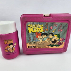 Vintage 1987 The Flintstone Kids Plastik Lunchbox & passende Thermoskanne Pink