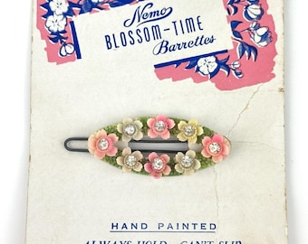 Vtg 1940-50's Nemo Blossom-Time Hand Painted Barrette CZ FLowers Orig Card NOS