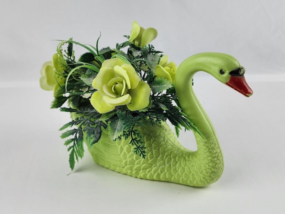Super Kitschy Green Plastic Blow Mold Swan Planter With Plastic Flowers -  Etsy