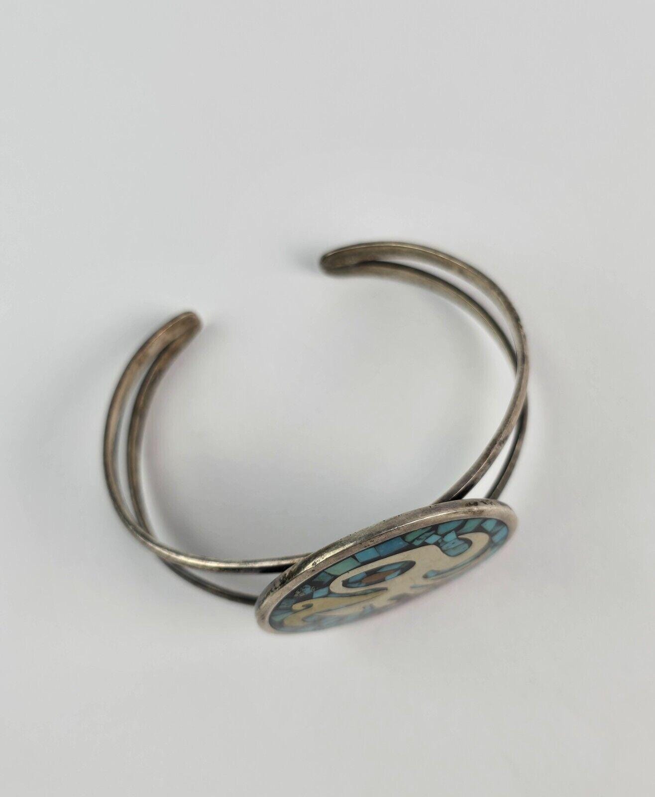 ヴィンテージ スターリングシルバー カフブレスレット インレイ