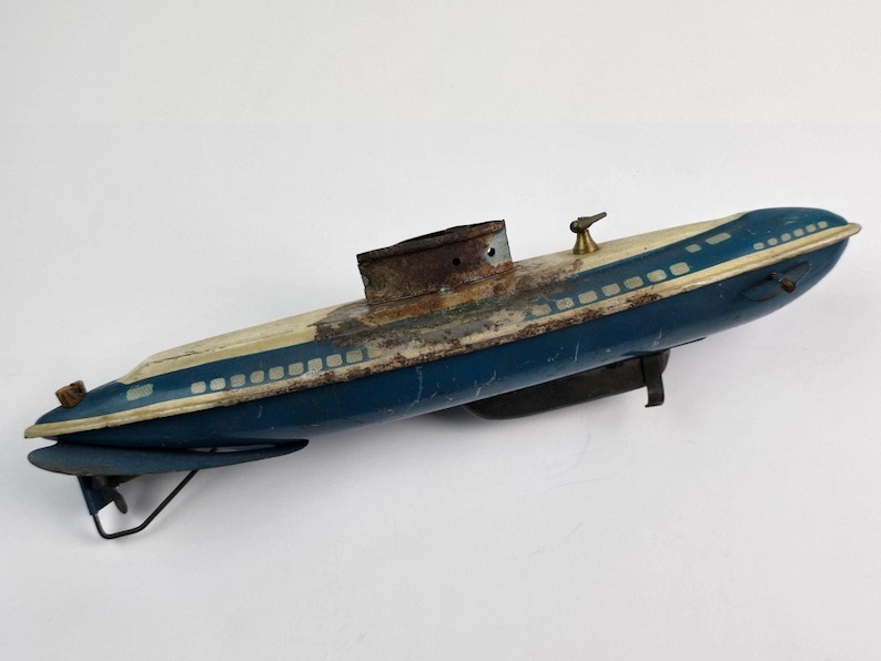 Submarino vintage Wolverine Toys, hojalata, litografía, llave de cuerda, accesorio de trabajo, azul imagen 3