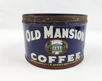 Old Mansion Coffee Tin Richmond Virginia VA Blue tin 1 Pound -missing lid