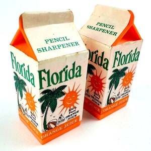 2 - Vintage 1980er Jahre Florida 100% Orangensaftkarton Bleistiftspitzer NOS NEU