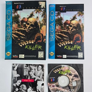 May include: A SEGA CD game set featuring the game "Corpse Killer". The set includes the game case, user manual, CD, and a small booklet. The game cases and CD have a zombie-themed cover art. The booklet has a black and white photo with the text "Rough day?".