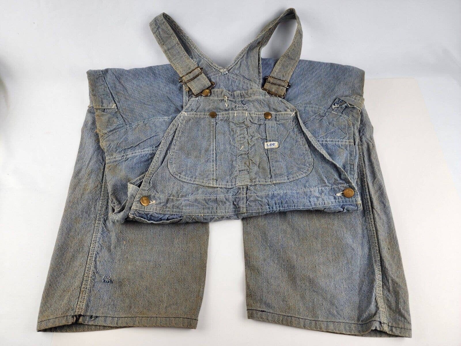 Vintage Lee Sanforized Striped Denim Overalls Well-worn 36 Vintage Lee Sanforized Striped Denim Overalls Well-worn 36