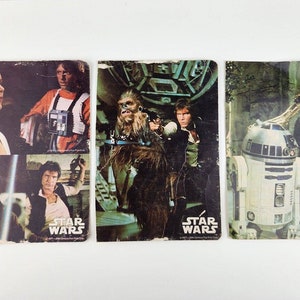 Lote de 3 cubiertas de cuaderno de Star Wars vintage de 1977, fotos en cartón, tamaño estándar