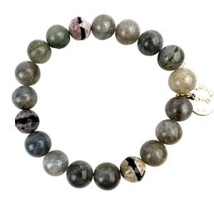 May include: A gray beaded bracelet with a gold clasp and a small tag that says "MAYBE" on it. The beads are made of labradorite and have a speckled appearance.