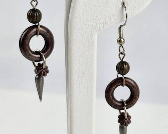 Handmade Copper Brass Silver Abstract Drop / Dangle Earrings 1.5" Unsigned