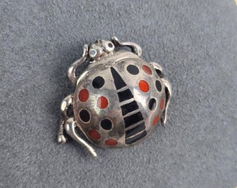 Vintage Sterling silver Lady Bug necklace pendant red & black enamel dots