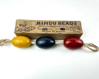 Vintage 3 Hindu Beads Set - 2" Wooden Red Yellow Blue on Rope - Very Good Cond.