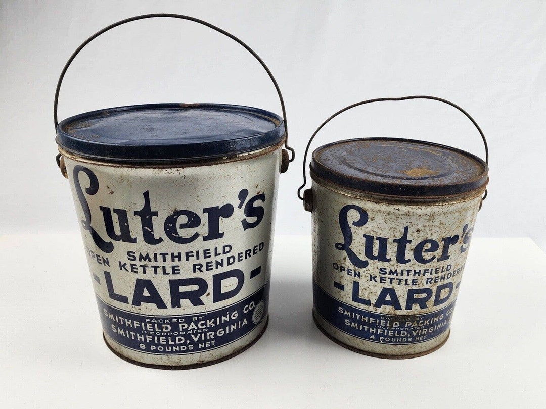 Vintage Pair Luter's Smithfield Pure Lard Tin Cans W/ Lids 4lbs and