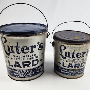 Vintage Pair Luter&#39;s Smithfield Pure Lard tin cans w/ lids 4lbs and 8lbs